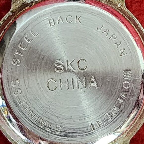 SKC Black Gold Tone Genuine Leather Embossed Strap Diamond Quartz SS Back Watch - Picture 14 of 16